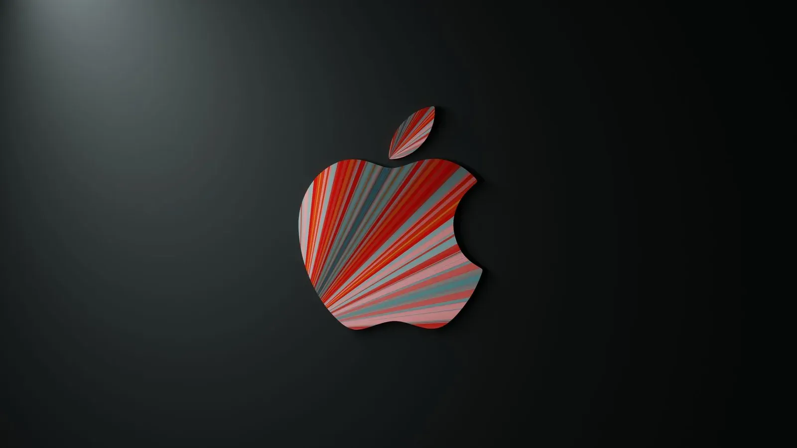 Colorful striped pattern on an apple-shaped design on a dark background, artistic and modern.