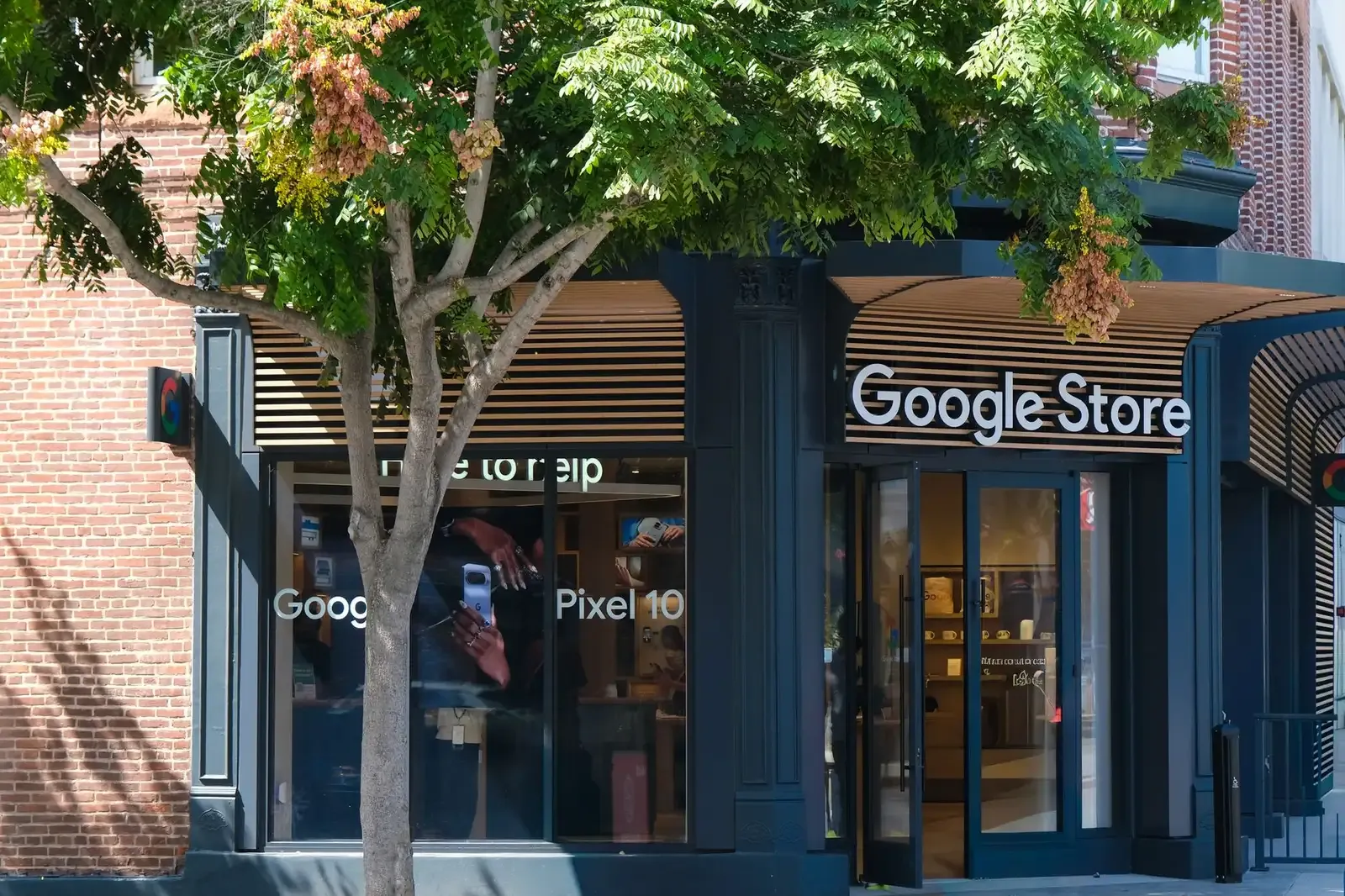 Google Store entrance in Los Angeles, showcasing trendy tech products and modern architecture.